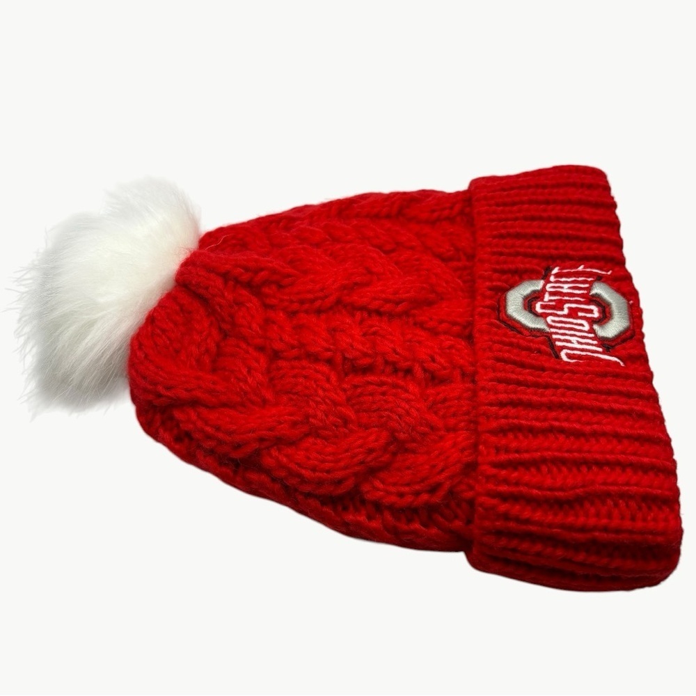 New Era Ohio State Buckeyes Pom Cable Knit Beanie Red OS Fleece Lined Hat - Picture 3 of 10